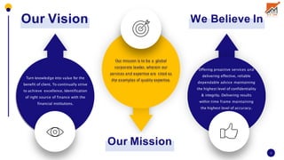 Our Vision
Turn knowledge into value for the
benefit of client. To continually strive
to achieve excellence, Identification
of right source of finance with the
financial institutions.
Our mission is to be a global
corporate leader, wherein our
services and expertise are cited as
the examples of quality expertise.
Offering proactive services and
delivering effective, reliable
dependable advice maintaining
the highest level of confidentiality
& integrity. Delivering results
within time frame maintaining
the highest level of accuracy.
Our Mission
We Believe In
3
 