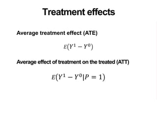 Average treatment effect (ATE)
𝐸 𝑌1 − 𝑌0
Average effect of treatment on the treated (ATT)
𝐸 𝑌1 − 𝑌0|𝑃 = 1
Treatment effects
 