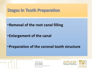 •Removal of the root canal filling
•Enlargement of the canal
•Preparation of the coronal tooth structure
DR EL Sayed Ali
 