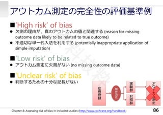 アウトカム測定の完全性の評価基準例
86
‘High risk’ of bias
 ⽋測の理由が，真のアウトカムの値と関連する (reason for missing
outcome data likely to be related to true outcome)
 不適切な単⼀代⼊法を利⽤する (potentially inappropriate application of
simple imputation)
‘Low risk’ of bias
 アウトカム測定に⽋測がない (no missing outcome data)
‘Unclear risk’ of bias
 判断するための⼗分な記載がない
Chapter 8: Assessing risk of bias in included studies (http://www.cochrane.org/handbook)
 
