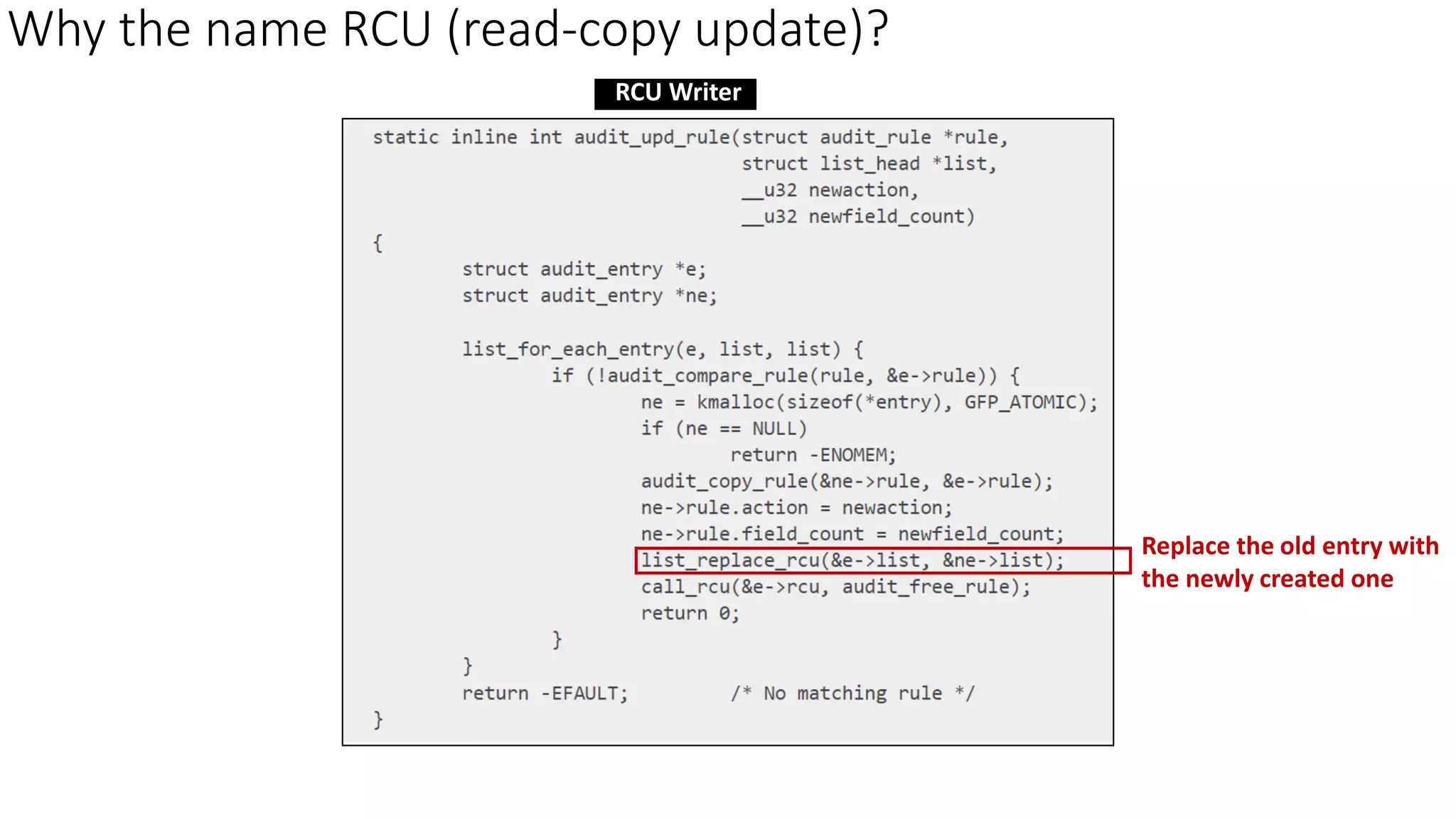 Why the name RCU (read-copy update)?
RCU Writer
Replace the old entry with
the newly created one
 