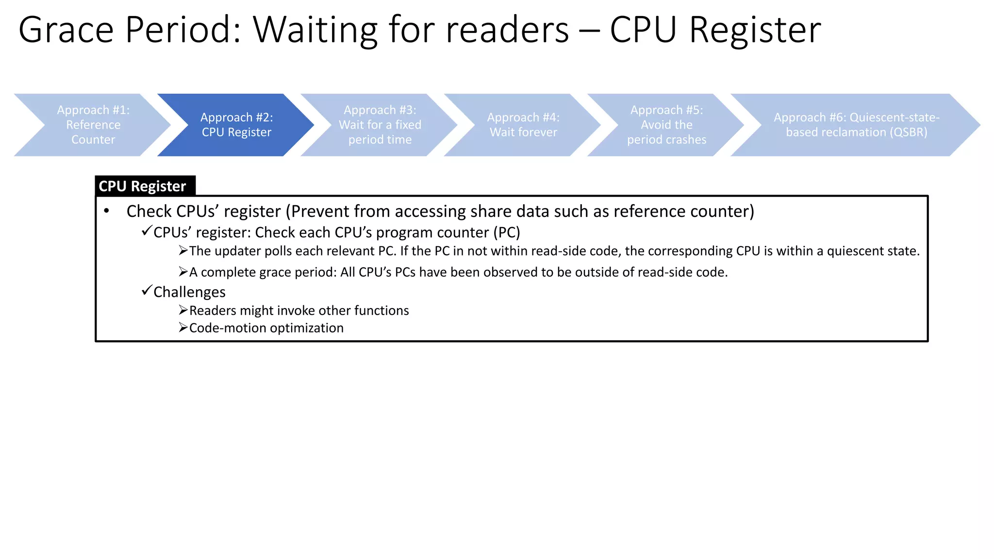Approach #1:
Reference
Counter
Approach #2:
CPU Register
Approach #3:
Wait for a fixed
period time
Approach #4:
Wait forever
Approach #5:
Avoid the
period crashes
Approach #6: Quiescent-state-
based reclamation (QSBR)
Grace Period: Waiting for readers – CPU Register
• Check CPUs’ register (Prevent from accessing share data such as reference counter)
✓CPUs’ register: Check each CPU’s program counter (PC)
➢The updater polls each relevant PC. If the PC in not within read-side code, the corresponding CPU is within a quiescent state.
➢A complete grace period: All CPU’s PCs have been observed to be outside of read-side code.
✓Challenges
➢Readers might invoke other functions
➢Code-motion optimization
CPU Register
 