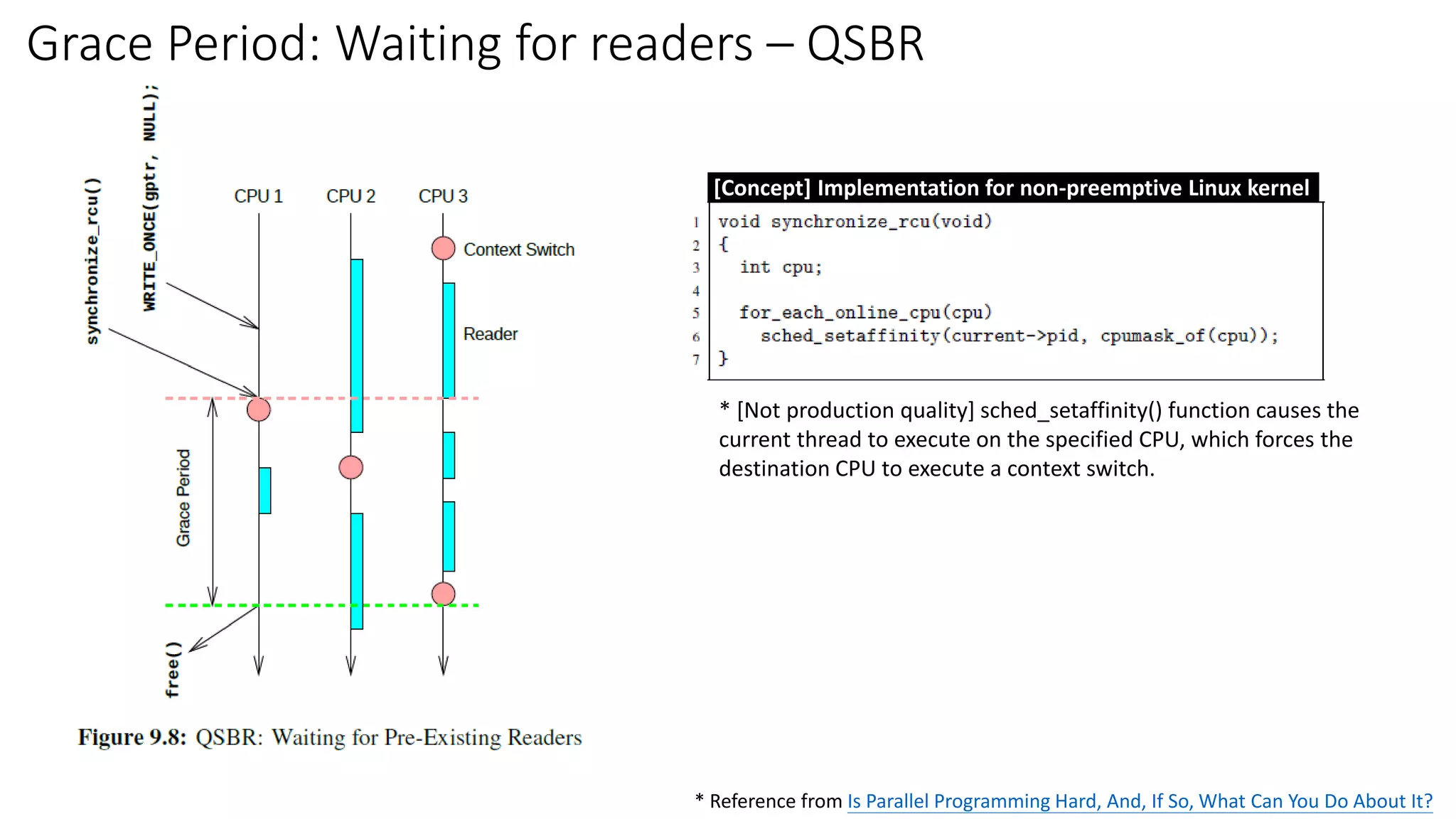 * Reference from Is Parallel Programming Hard, And, If So, What Can You Do About It?
Grace Period: Waiting for readers – QSBR
[Concept] Implementation for non-preemptive Linux kernel
* [Not production quality] sched_setaffinity() function causes the
current thread to execute on the specified CPU, which forces the
destination CPU to execute a context switch.
 