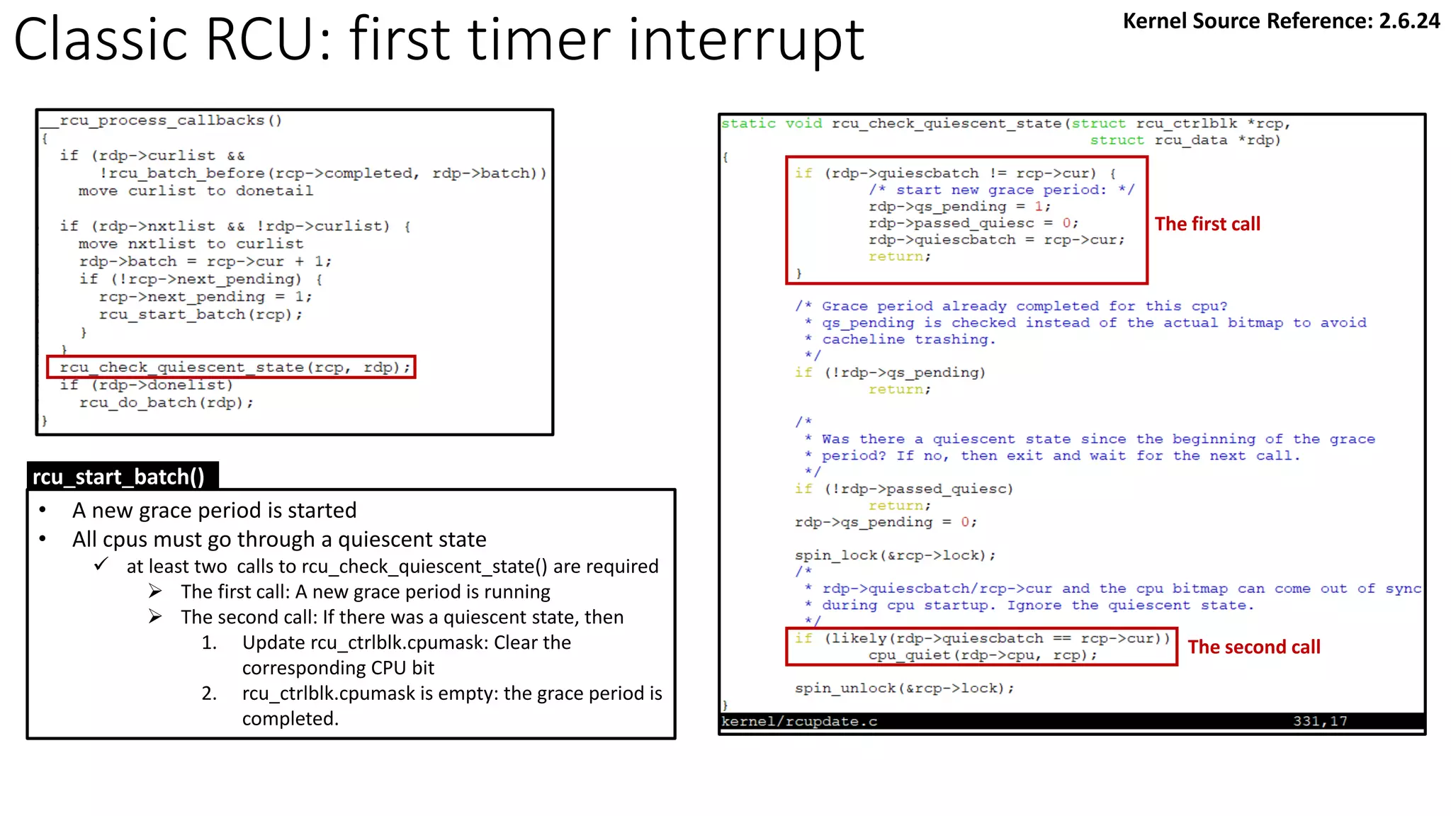 Classic RCU: first timer interrupt
rcu_start_batch()
• A new grace period is started
• All cpus must go through a quiescent state
✓ at least two calls to rcu_check_quiescent_state() are required
➢ The first call: A new grace period is running
➢ The second call: If there was a quiescent state, then
1. Update rcu_ctrlblk.cpumask: Clear the
corresponding CPU bit
2. rcu_ctrlblk.cpumask is empty: the grace period is
completed.
The first call
The second call
Kernel Source Reference: 2.6.24
 
