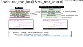 Reader: rcu_read_lock() & rcu_read_unlock()
rcu_read_unlock()
rcu_read_lock()
ptr = rcu_dereference(shared_abc);
synchronize_rcu()
spin_unlock
spinlock
rcu_assign_pointer(shared_abc, ptr);
Optional: free memory
Ensure only one writer
Wait for job completion of readers
Safe to free memory
printk("%dn", ptr->number);
RCU Reader
RCU Writer w/ valid pointer assignment
Kernel Source Reference: 2.6.24
• __acquire() / __release(): sparse checker (semantic parser)
✓ Sparse checking of RCU-protected pointers: Add __rcu marker
➢ Reference: PROPER CARE AND FEEDING OF RETURN VALUES FROM rcu_dereference()
 