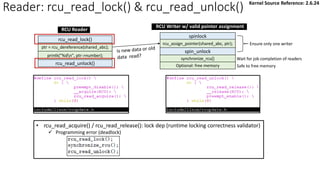 Reader: rcu_read_lock() & rcu_read_unlock()
rcu_read_unlock()
rcu_read_lock()
ptr = rcu_dereference(shared_abc);
synchronize_rcu()
spin_unlock
spinlock
rcu_assign_pointer(shared_abc, ptr);
Optional: free memory
Ensure only one writer
Wait for job completion of readers
Safe to free memory
printk("%dn", ptr->number);
RCU Reader
RCU Writer w/ valid pointer assignment
Kernel Source Reference: 2.6.24
• rcu_read_acquire() / rcu_read_release(): lock dep (runtime locking correctness validator)
✓ Programming error (deadlock)
 
