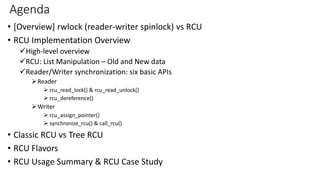 Agenda
• [Overview] rwlock (reader-writer spinlock) vs RCU
• RCU Implementation Overview
✓High-level overview
✓RCU: List Manipulation – Old and New data
✓Reader/Writer synchronization: six basic APIs
➢Reader
➢ rcu_read_lock() & rcu_read_unlock()
➢ rcu_dereference()
➢Writer
➢ rcu_assign_pointer()
➢ synchronize_rcu() & call_rcu()
• Classic RCU vs Tree RCU
• RCU Flavors
• RCU Usage Summary & RCU Case Study
 
