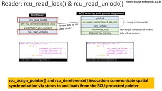 rcu_read_unlock()
rcu_read_lock()
ptr = rcu_dereference(shared_abc);
synchronize_rcu()
spin_unlock
spinlock
rcu_assign_pointer(shared_abc, ptr);
Optional: free memory
Ensure only one writer
Wait for job completion of readers
Safe to free memory
printk("%dn", ptr->number);
RCU Reader
RCU Writer w/ valid pointer assignment
rcu_assign_pointer() and rcu_dereference() invocations communicate spatial
synchronization via stores to and loads from the RCU-protected pointer
Reader: rcu_read_lock() & rcu_read_unlock() Kernel Source Reference: 2.6.24
 