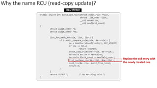 Why the name RCU (read-copy update)?
RCU Writer
Replace the old entry with
the newly created one
 