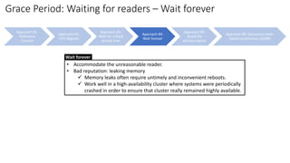Approach #1:
Reference
Counter
Approach #2:
CPU Register
Approach #3:
Wait for a fixed
period time
Approach #4:
Wait forever
Approach #5:
Avoid the
period crashes
Approach #6: Quiescent-state-
based reclamation (QSBR)
Grace Period: Waiting for readers – Wait forever
• Accommodate the unreasonable reader.
• Bad reputation: leaking memory
✓ Memory leaks often require untimely and inconvenient reboots.
✓ Work well in a high-availability cluster where systems were periodically
crashed in order to ensure that cluster really remained highly available.
Wait forever
 