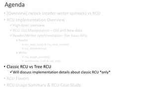 Agenda
• [Overview] rwlock (reader-writer spinlock) vs RCU
• RCU Implementation Overview
✓High-level overview
✓RCU: List Manipulation – Old and New data
✓Reader/Writer synchronization: five basic APIs
➢Reader
➢ rcu_read_lock() & rcu_read_unlock()
➢ rcu_dereference()
➢Writer
➢ rcu_assign_pointer()
➢ synchronize_rcu() & call_rcu()
• Classic RCU vs Tree RCU
✓Will discuss implementation details about classic RCU *only*
• RCU Flavors
• RCU Usage Summary & RCU Case Study
 