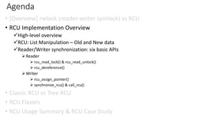 Agenda
• [Overview] rwlock (reader-writer spinlock) vs RCU
• RCU Implementation Overview
✓High-level overview
✓RCU: List Manipulation – Old and New data
✓Reader/Writer synchronization: six basic APIs
➢Reader
➢ rcu_read_lock() & rcu_read_unlock()
➢ rcu_dereference()
➢Writer
➢ rcu_assign_pointer()
➢ synchronize_rcu() & call_rcu()
• Classic RCU vs Tree RCU
• RCU Flavors
• RCU Usage Summary & RCU Case Study
 