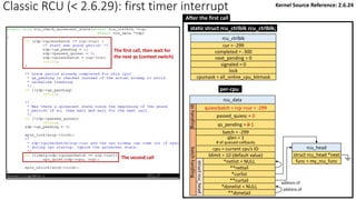 The first call, then wait for
the next qs (context switch)
The second call
per-cpu
rcu_data
quiescbatch = rcp->cur = -299
passed_quiesc = 0
qs_pending = 0 1
batch = -299
*nxtlist = NULL
**nxttail
qs
handling
batch
handling
struct
rcu_head
*curlist
**curtail
*donelist = NULL
**donetail
qlen = 1
# of queued callbacks
cpu = current cpu’s ID
blimit = 10 (default value)
rcu_head
struct rcu_head *next
func = my_rcu_func
address of
address of
rcu_ctrlblk
cur = -299
completed = -300
next_pending = 0
signaled = 0
lock
cpumask = all_online_cpu_bitmask
static struct rcu_ctrlblk rcu_ctrlblk;
After the first call
Classic RCU (< 2.6.29): first timer interrupt Kernel Source Reference: 2.6.24
 