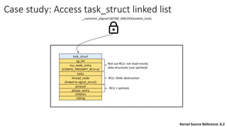 task_struct
cg_list
rcu_node_entry
(CONFIG_PREEMPT_RCU=y)
tasks
thread_node
(linked to signal_struct)
Kernel Source Reference: 6.2
Not use RCU: not read-mostly
data structures (use spinlock)
RCU: Defer destruction
ptraced
ptrace_entry
RCU + spinlock
children
sibling
Case study: Access task_struct linked list
__cacheline_aligned DEFINE_RWLOCK(tasklist_lock);
 