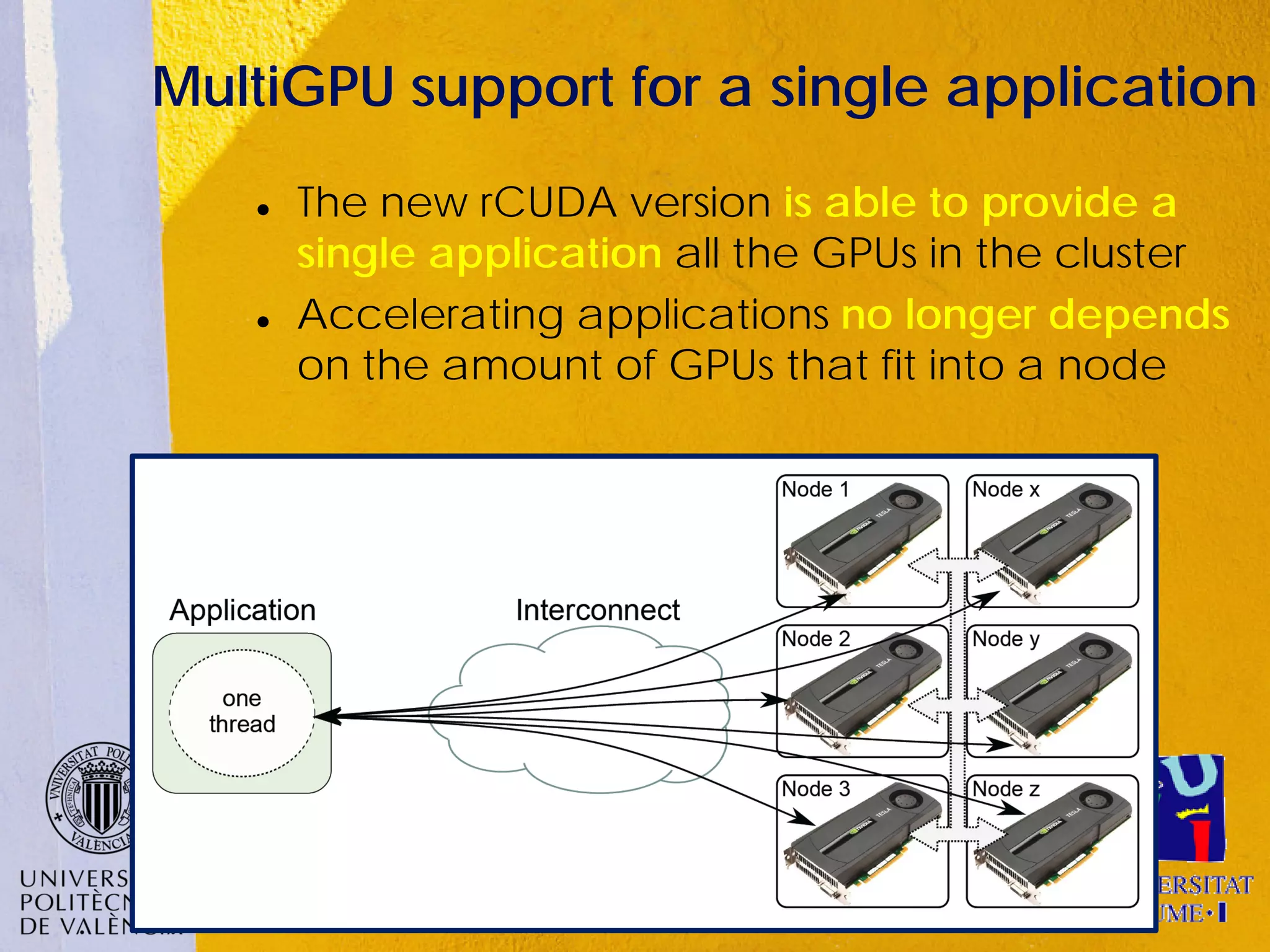 MultiGPU support for a single application
      The new rCUDA version is able to provide a
       single application all the GPUs in the cluster
      Accelerating applications no longer depends
       on the amount of GPUs that fit into a node
 
