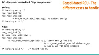 RCU-bh reader nested in RCU-preempt reader
Before:
/* hardirq entry */
rcu_read_lock();
rcu_read_unlock()
-> rcu_read_unlo...