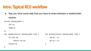 Intro: Typical RCU workﬂow
● Say you have some data that you have to share between a reader/writer
section.
struct shared_...