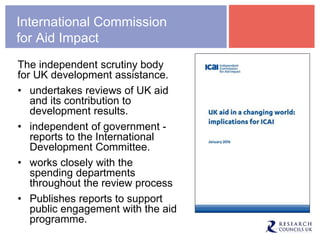 International Commission
for Aid Impact
The independent scrutiny body
for UK development assistance.
• undertakes reviews of UK aid
and its contribution to
development results.
• independent of government -
reports to the International
Development Committee.
• works closely with the
spending departments
throughout the review process
• Publishes reports to support
public engagement with the aid
programme.
 