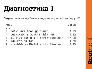 Диагностика 1
Задача: есть ли проблемы на данном участке маршрута?
Host Loss%
...
3. te1-1.ar2.DCA3.gblx.net 0.0%
4. te1-2-10g.ar3.DCA3.gblx.net 0.0%
5. sl-st21-ash-8-0-0.sprintlink.net 87.9%
6. 144.232.20.149 0.0%
7. sl-bb20-dc-15-0-0.sprintlink.net 0.0%
 