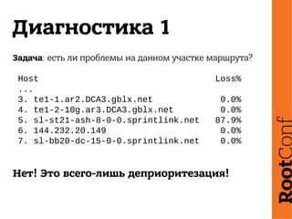 Диагностика 1
Задача: есть ли проблемы на данном участке маршрута?
Host Loss%
...
3. te1-1.ar2.DCA3.gblx.net 0.0%
4. te1-2-10g.ar3.DCA3.gblx.net 0.0%
5. sl-st21-ash-8-0-0.sprintlink.net 87.9%
6. 144.232.20.149 0.0%
7. sl-bb20-dc-15-0-0.sprintlink.net 0.0%
Нет! Это всего-лишь деприоритезация!
 