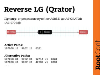Reverse LG (Qrator)
Пример: определение путей от AS8331 до AS-QRATOR
(AS197068):
Active Paths:
197068 x1 9002 x1 8331
Alternative Paths:
197068 x1 9002 x1 12714 x1 8331
197068 x1 9002 x1 42632 x1 8331
...
 