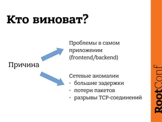 Кто виноват?
Проблемы в самом
приложении
(frontend/backend)
Сетевые аномалии
➢ большие задержки
➢ потери пакетов
➢ разрывы TCP-соединений
Причина
 