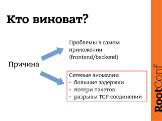 Кто виноват?
Проблемы в самом
приложении
(frontend/backend)
Сетевые аномалии
➢ большие задержки
➢ потери пакетов
➢ разрывы TCP-соединений
Причина
 
