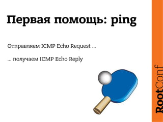 Первая помощь: ping
Отправляем ICMP Echo Request …
… получаем ICMP Echo Reply
 