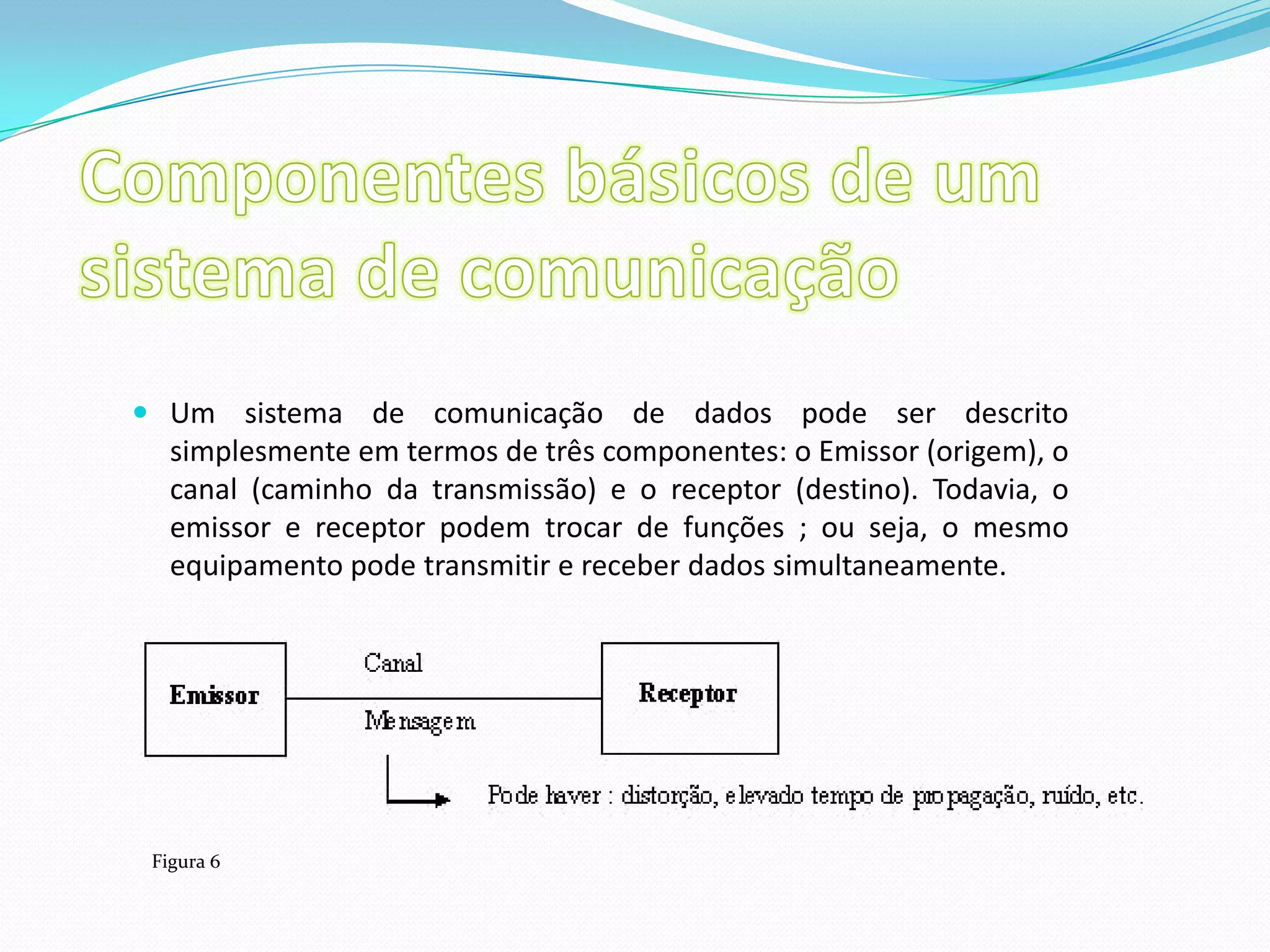 Componentes básicos de um sistema de comunicaçãoUm sistema de comunicação de dados pode ser descrito simplesmente em termos de três componentes: o Emissor (origem), o canal (caminho da transmissão) e o receptor (destino). Todavia, o emissor e receptor podem trocar de funções ; ou seja, o mesmo equipamento pode transmitir e receber dados simultaneamente. Figura 6 