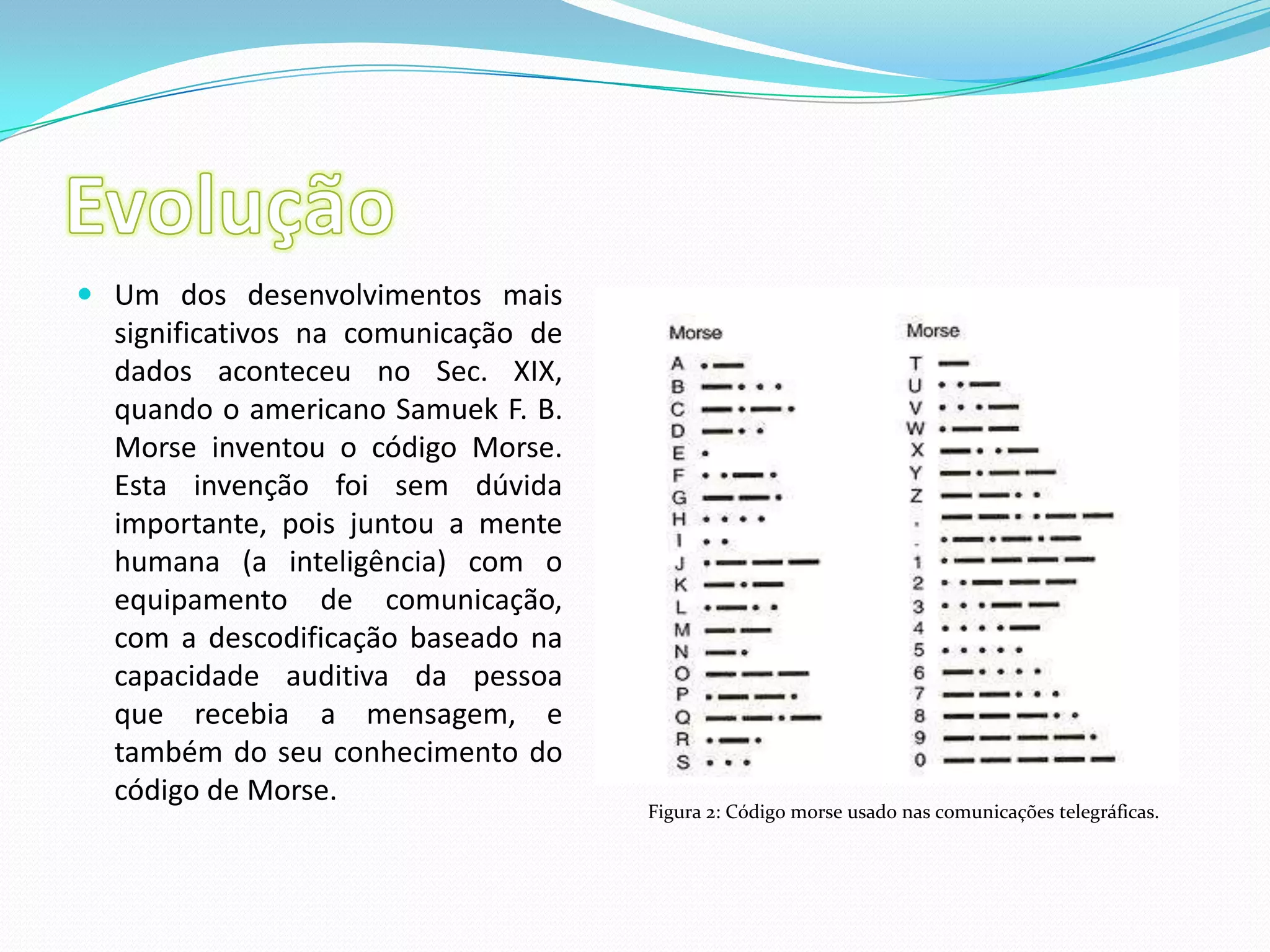 EvoluçãoUm dos desenvolvimentos mais significativos na comunicação de dados aconteceu no Sec. XIX, quando o americano Samuek F. B. Morse inventou o código Morse. Esta invenção foi sem dúvida importante, pois juntou a mente humana (a inteligência) com o equipamento de comunicação, com a descodificação baseado na capacidade auditiva da pessoa que recebia a mensagem, e também do seu conhecimento do código de Morse.Figura 2: Código morse usado nas comunicações telegráficas. 