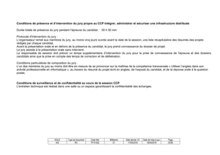 SIGLE Type de document Code titre Millésime Date dernier JO Date de mise à jour Page
AIS RC TP-01352 01 17/04/2018 18/04/2018 24/36
Conditions de présence et d’intervention du jury propre au CCP Intégrer, administrer et sécuriser une infrastructure distribuée
Durée totale de présence du jury pendant l’épreuve du candidat : 00 h 50 min
Protocole d'intervention du jury :
L’organisateur remet aux membres du jury, au moins cinq jours ouvrés avant la date de la session, une liste récapitulative des résumés des projets
rédigés par chaque candidat.
Avant la présentation orale et en dehors de la présence du candidat, le jury prend connaissance du dossier de projet.
Le jury assiste à la présentation orale sans intervenir.
Le responsable de session doit prévoir un temps supplémentaire d’intervention du jury pour la prise de connaissance de l’épreuve et des dossiers
candidats ainsi que la prise en compte des temps de correction et de délibération.
Conditions particulières de composition du jury :
L’un des membres du jury au moins doit être en mesure de se prononcer sur la maîtrise de la compétence transversale « Utiliser l’anglais dans son
activité professionnelle en informatique », au travers du résumé du projet écrit en anglais, de l’exposé du candidat, et de la réponse orale à la question
posée.
Conditions de surveillance et de confidentialité au cours de la session CCP
L'entretien technique est réalisé dans une salle ou un espace garantissant la confidentialité des échanges.
 