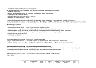 SIGLE Type de document Code titre Millésime Date dernier JO Date de mise à jour Page
AIS RC TP-01352 01 17/04/2018 18/04/2018 27/36
- les indicateurs d’évaluation de la solution proposée.
4. la présentation des actions réalisées, sous la forme d'un dossier de réalisation comprenant :
- les tâches effectuées ;
- le choix des solutions précisant les critères et indicateurs de qualité et de sécurité ;
- l’organisation de la mise en oeuvre ;
- les relations avec les principaux acteurs du projet ;
- la gestion du projet (planning et suivi).
La longueur du dossier de projet hors annexes est de 20 à 30 pages, soit environ 25000 caractères espaces non compris.
La longueur du résumé du projet en français est d’environ 10 à 15 lignes soit 120 à 200 mots, ou environ 800 caractères espaces non compris.
Plan de la présentation
La présentation utilisée devant le jury le jour de la session respecte ce plan :
- présentation de l’entreprise et/ou de l'entité où le projet a été réalisé, avec les différents acteurs ;
- éléments-clés du cahier des charges (mission, besoin, contraintes, moyens, livrables attendus, délais, évaluation) ;
- actions réalisées et solutions proposées (aspects techniques, budgétaires, méthodologiques) ;
- gestion de projet et méthodologie ;
- synthèse et conclusion.
Informations complémentaires concernant l'entretien technique :
Le jury questionne le candidat sur la base du projet et de sa présentation, et du questionnaire professionnel.
Au cours de cet entretien technique, le jury pose une question en anglais, à partir d’un guide de questionnement fourni.
Informations complémentaires concernant le questionnaire professionnel :
Le questionnaire professionnel permet au jury d'évaluer les compétences insuffisamment couvertes ou non couvertes par le projet.
Le jury peut demander au candidat au cours de l'entretien technique d'argumenter ses réponses.
Informations complémentaires concernant le questionnement à partir de production(s) :
Sans objet.
 