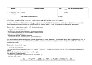 SIGLE Type de document Code titre Millésime Date dernier JO Date de mise à jour Page
AIS RC TP-01352 01 17/04/2018 18/04/2018 18/36
Modalités Compétences évaluées Durée Détail de l’organisation de l’épreuve
du projet.
 Questionnement à partir
de production(s)
Sans objet Sans objet.
Durée totale de l’épreuve pour le candidat : 01 h 50 min
Informations complémentaires concernant la présentation du projet réalisé en amont de la session :
L’entreprise fournit au candidat le cahier des charges du projet comportant la définition de la mission confiée. Le candidat s’assure au moyen des
référentiels d'emploi et de certification que le projet répond aux attendus relatifs à la mise en œuvre des compétences de l'activité type.
Mise en œuvre des compétences lors de la réalisation du projet
Le projet couvre les compétences :
- Administrer et sécuriser une infrastructure de serveurs virtualisée ;
- Appliquer les bonnes pratiques et participer à la qualité de service ;
et au moins une des compétences :
- Administrer et sécuriser le réseau d’entreprise ;
- Administrer et sécuriser un environnement système hétérogène.
Pour la compétence « Appliquer les bonnes pratiques et participer à la qualité de service », soit la mise en œuvre de la compétence figure dans la
demande de l'entreprise, soit le candidat identifie dans l’offre de services informatiques ce qui peut relever d’un processus ITIL et en décline une
proposition structurée.
Composition du dossier de projet
Le dossier de projet comporte :
1. un résumé du projet en anglais (abstract) d'une longueur d’environ 10 à 15 lignes soit 120 à 200 mots, ou environ 800 caractères espaces non
compris ;
2. la liste des compétences mises en œuvre lors du projet ;
3. le cahier des charges indiquant :
- le contexte (organisation de l’entreprise, activité, implantation…) ;
- le contenu de la mission ;
 