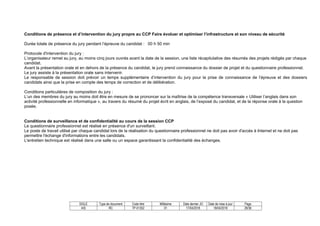 SIGLE Type de document Code titre Millésime Date dernier JO Date de mise à jour Page
AIS RC TP-01352 01 17/04/2018 18/04/2018 28/36
Conditions de présence et d’intervention du jury propre au CCP Faire évoluer et optimiser l’infrastructure et son niveau de sécurité
Durée totale de présence du jury pendant l’épreuve du candidat : 00 h 50 min
Protocole d'intervention du jury :
L’organisateur remet au jury, au moins cinq jours ouvrés avant la date de la session, une liste récapitulative des résumés des projets rédigés par chaque
candidat.
Avant la présentation orale et en dehors de la présence du candidat, le jury prend connaissance du dossier de projet et du questionnaire professionnel.
Le jury assiste à la présentation orale sans intervenir.
Le responsable de session doit prévoir un temps supplémentaire d’intervention du jury pour la prise de connaissance de l’épreuve et des dossiers
candidats ainsi que la prise en compte des temps de correction et de délibération.
Conditions particulières de composition du jury :
L’un des membres du jury au moins doit être en mesure de se prononcer sur la maîtrise de la compétence transversale « Utiliser l’anglais dans son
activité professionnelle en informatique », au travers du résumé du projet écrit en anglais, de l’exposé du candidat, et de la réponse orale à la question
posée.
Conditions de surveillance et de confidentialité au cours de la session CCP
Le questionnaire professionnel est réalisé en présence d'un surveillant.
Le poste de travail utilisé par chaque candidat lors de la réalisation du questionnaire professionnel ne doit pas avoir d'accès à Internet et ne doit pas
permettre l'échange d'informations entre les candidats.
L'entretien technique est réalisé dans une salle ou un espace garantissant la confidentialité des échanges.
 