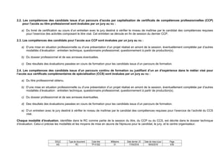 SIGLE Type de document Code titre Millésime Date dernier JO Date de mise à jour Page
AIS RC TP-01352 01 17/04/2018 18/04/2018 4/36
2.2. Les compétences des candidats issus d’un parcours d’accès par capitalisation de certificats de compétences professionnelles (CCP)
pour l’accès au titre professionnel sont évaluées par un jury au vu :
a) Du livret de certification au cours d’un entretien avec le jury destiné à vérifier le niveau de maîtrise par le candidat des compétences requises
pour l’exercice des activités composant le titre visé. Cet entretien se déroule en fin de session du dernier CCP.
2.3. Les compétences des candidats pour l’accès aux CCP sont évaluées par un jury au vu :
a) D’une mise en situation professionnelle ou d’une présentation d’un projet réalisé en amont de la session, éventuellement complétée par d’autres
modalités d’évaluation : entretien technique, questionnaire professionnel, questionnement à partir de production(s).
b) Du dossier professionnel et de ses annexes éventuelles.
c) Des résultats des évaluations passées en cours de formation pour les candidats issus d’un parcours de formation.
2.4. Les compétences des candidats issus d’un parcours continu de formation ou justifiant d’un an d’expérience dans le métier visé pour
l’accès aux certificats complémentaires de spécialisation (CCS) sont évaluées par un jury au vu :
a) Du titre professionnel obtenu.
b) D’une mise en situation professionnelle ou d’une présentation d’un projet réalisé en amont de la session, éventuellement complétée par d’autres
modalités d’évaluation : entretien technique, questionnaire professionnel, questionnement à partir de production(s).
c) Du dossier professionnel et de ses annexes éventuelles.
d) Des résultats des évaluations passées en cours de formation pour les candidats issus d’un parcours de formation.
e) D’un entretien avec le jury destiné à vérifier le niveau de maîtrise par le candidat des compétences requises pour l’exercice de l’activité du CCS
visé.
Chaque modalité d’évaluation, identifiée dans le RC comme partie de la session du titre, du CCP ou du CCS, est décrite dans le dossier technique
d’évaluation. Celui-ci précise les modalités et les moyens de mise en œuvre de l'épreuve pour le candidat, le jury, et le centre organisateur.
 
