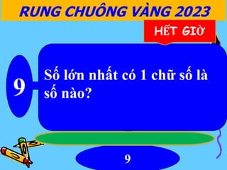 9
9
RUNG CHUÔNG VÀNG 2023
HẾT GIỜ
Số lớn nhất có 1 chữ số là
số nào?
 