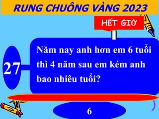 27
6
RUNG CHUÔNG VÀNG 2023
HẾT GIỜ
Năm nay anh hơn em 6 tuổi
thì 4 năm sau em kém anh
bao nhiêu tuổi?
 