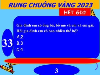 RUNG CHUÔNG VÀNG 2023
33
HẾT GIỜ
Gia đình em có ông bà, bố mẹ và em và em gái.
Hỏi gia đình em có bao nhiêu thế hệ?
A.2
B.3
C.4
3
 