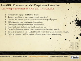 Les ARG : Comment enrichir l’expérience interactive Les 10 étapes pour créer un ARG  (Jane McGonigal 2007) Présentation :  Geneviève Cardin -  [email_address]  / En collaboration avec  Formez votre équipe de Maîtres de jeu Trouvez un thème et surtout un nom à votre jeu ! Décidez des actions que les joueurs doivent faire pour gagner Élaborez votre plan média et technologique Développez votre plateforme de communauté Planifiez la date de lancement et la durée du jeu Ciblez les forces de votre équipe de création et distribuez les rôle Scénarisez le plan de jeu : Début (hook), points tournants, missions, fin, etc. Créez le contenu ! Vidéo, blogue, photos, personnages, et énigmes 