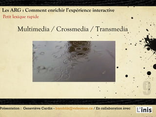 Les ARG : Comment enrichir l’expérience interactive Petit lexique rapide Présentation :  Geneviève Cardin -  [email_address]  / En collaboration avec  Multimedia / Crossmedia / Transmedia 