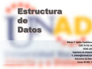 Estructura de Datos Wilmer F. Valdés Castellanos COD 79.752.143 CEAD JAG Ingeniería de sistemas V_wilmer@hotmail.com Estructura de Datos Curso 301305_18 