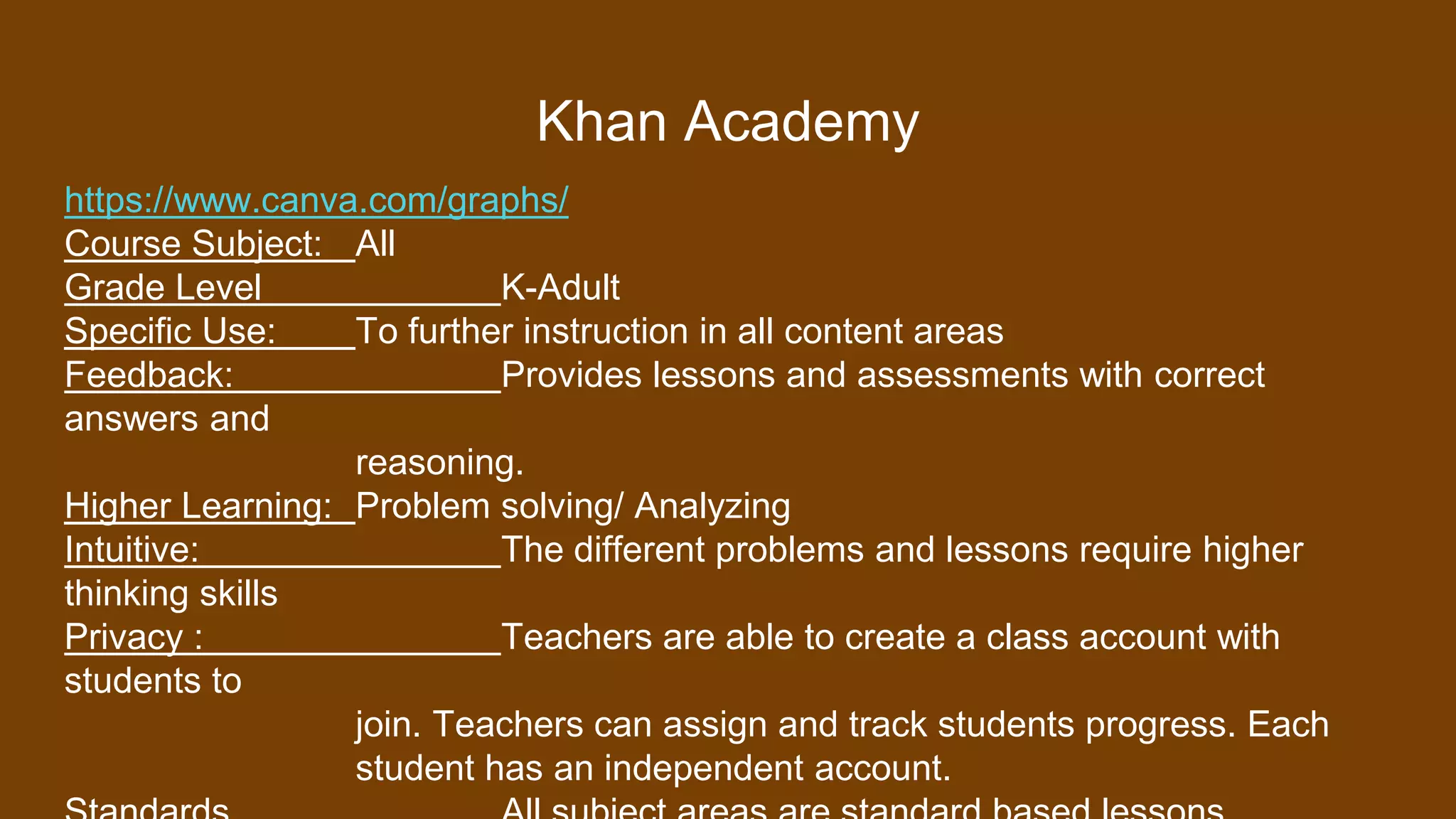 Khan Academy
https://www.canva.com/graphs/
Course Subject: All
Grade Level K-Adult
Specific Use: To further instruction in all content areas
Feedback: Provides lessons and assessments with correct
answers and
reasoning.
Higher Learning: Problem solving/ Analyzing
Intuitive: The different problems and lessons require higher
thinking skills
Privacy : Teachers are able to create a class account with
students to
join. Teachers can assign and track students progress. Each
student has an independent account.
 