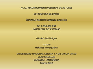 ACT2. RECONOCIMIENTO GENERAL DE ACTORES

             ESTRUCTURA DE DATOS

       YONATAN ALBERTO JIMENEZ GALLEGO

               CC: 1.038.062.237
            INGENIERIA DE SISTEMAS


               GRUPO:301305_40

                   TUTOR:
              HERMES MOSQUERA

UNIVERSIDAD NACIONAL ABIERTA Y A DISTANCIA UNAD
                CEAD MEDELLIN
             CARACOLI - ANTIOQUIA
                  Marzo 2012
 