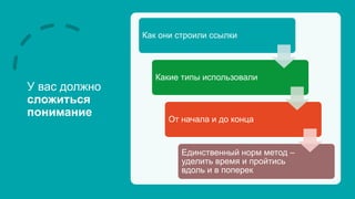 У вас должно
сложиться
понимание
Как они строили ссылки
Какие типы использовали
От начала и до конца
Единственный норм метод –
уделить время и пройтись
вдоль и в поперек
 
