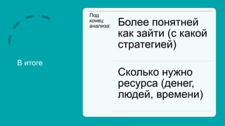В итоге
Под
конец
анализа: Более понятней
как зайти (с какой
стратегией)
Сколько нужно
ресурса (денег,
людей, времени)
 