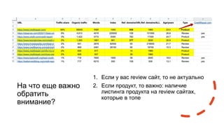 На что еще важно
обратить
внимание?
1. Если у вас review сайт, то не актуально
2. Если продукт, то важно: наличие
листинга продукта на review сайтах,
которые в топе
 