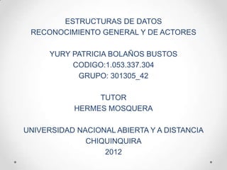 ESTRUCTURAS DE DATOS
 RECONOCIMIENTO GENERAL Y DE ACTORES

      YURY PATRICIA BOLAÑOS BUSTOS
           CODIGO:1.053.337.304
            GRUPO: 301305_42

                TUTOR
           HERMES MOSQUERA

UNIVERSIDAD NACIONAL ABIERTA Y A DISTANCIA
              CHIQUINQUIRA
                  2012
 