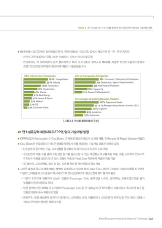 ISSUE 3 JEC Europe 2014 전시회를 통해 본 탄소섬유간화 복합재료 기술개발 동향
049Korea Evaluation Institute of Industrial Technology
88개국에서 35,727명이 참관하였으며 이 가운데 58%는 수요기업, 42%는 제조관련 산ㆍ학ㆍ연 관계자임
- 참관자 가운데 82%는 유럽, 5%는 아메리카, 13%는 아시아 및 중동
- 한국에서도 약 300여명이 넘게 참여하였고 특히 JEC그룹과 정보교류 MOU를 체결한 한국탄소융합기술원과
관련기업 임직원 50여명이 참가하여 제품과 기술동향을 조사
| 그림 3-2 전시회 참관자들의 구성 |
탄소섬유강화 복합재료(CFRP)산업의 기술개발 방향
CFRP산업의 Key Issue는 ① Cost Down, ② 새로운 물성과 용도의 소재와 제품, ③ Recycle 및 Repair Solution개발임
Cost Down은 산업성장의 가장 큰 장애요인으로서 이를 해결하는 기술개발 흐름은 아래와 같음
- 탄소섬유의 원가혁신 기술, 고속성형용 열경화성 및 열가소성 수지 등의 소재 개발
- 수요산업의 부품 수를 줄여 조립생산 원가를 절감시킬 수 있는 복잡형상의 모듈화된 부품, 최종 소비자의 연료비와
유지보수 비용을 절감시킬 수 있는 경량화 부품 등 Total Cost 측면에서 저렴한 제품 개발
- 3D 패브릭, 고속성형법, 제조 및 검사 자동화 장비 등 생산공법과 장비 개발
새로운 물성과 용도의 제품개발이 활발히 이루어지고 있으며 특히, 최대 수요시장으로 기대되는 자동차부품을 타깃으로
다양한 신제품들과 신기술들이 제시되었으며 전시장 분위기도 첨단산업과 같이 활기가 충만
- 기존의 수퍼카에 채용되어 성능이 검증된 Passenger Cell, 동력전달 샤프트, 범퍼백빔, 프론트앤드모듈 등의
부품들이 양산차량으로 확대
- 양산 컴펙트카인 BMW i3 전기차에 Passenger Cell 등 약 300kg의 CFRP부품이 사용되었고 폭스바겐 XL1 등
친환경차량에 속속 채용되고 있음
- 항공우주, 대형 해상풍력 발전기의 블레이드, 선박해양, 토목, 태블릿이나 스마트폰의 하우징 등 주요 용도시장에서
성능과 편의성이 향상된 제품이 등장
 