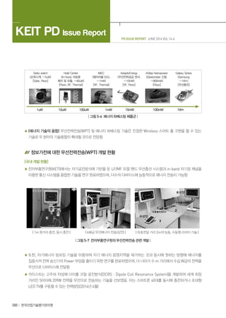 PD ISSUE REPORT JUNE 2014 VOL 14-6
KEIT PD Issue Report
088 한국산업기술평가관리원
Seiko watch
(손목시계, ~5uW)
[Solar, Piezo]
1uW 10uW 100uW 1mW 10mW 100mW 1W+
Holst Center
(In-body 의료용
패치 및 모듈, ~40uW)
[Piezo, RF, Thermal]
IMEC
(웨어러블 EEG,
~1mW)
[RF, Thermal]
AdaptivEnergy
(무선전력공급 센서,
~10mW)
[RF, Piezo]
InStep Nanopower
(Elastometer 신발,
~800mW)
[Piezo]
Galaxy Series
(Samsung
~1W+)
[무선충전]
| 그림 5-6 에너지 하베스팅 제품군 |
(에너지 기술의 융합) 무선전력전송(WPT) 및 에너지 하베스팅 기술은 진정한 Wireless 스마트 홈 구현을 할 수 있는
기술로 두 분야의 기술융합이 확대될 것으로 전망됨
정보가전에 대한 무선전력전송(WPT) 개발 현황
[국내 개발 현황]
전자부품연구원(KETI)에서는 자기공진방식에 기반을 둔 LF/MF 듀얼 밴드 무선충선 시스템과 in-band 자기장 채널을
이용한 통신 시스템을 융합한 기술을 연구 완료하였으며, 다수의 디바이스에 능동적으로 에너지 전송이 가능함
| 1m 원거리 충전, 동시 충전 | | kW급 무선에너지 전송(상전) | | 유효전달 거리 2m의 능동, 수동형 리피터 기술 |
| 그림 5-7 전자부품연구원의 무선전력전송 관련 개발 |
또한, 자기에너지 빔포밍 기술을 이용하여 자기 에너지 음영지역을 제거하는 것과 동시에 원하는 방향에 에너지를
집중시켜 전력 송신기의 Power 부담을 줄이기 위한 연구를 완료하였으며, 더 나아가 수 m 거리에서 수십 W급의 전력을
무선으로 디바이스에 전달함
카이스트는 고주파 자성체 다이폴 코일 공진방식(DCRS : Dipole Coil Resonance System)을 개발하여 세계 최장
거리인 5미터에 209W 전력을 무선으로 전송하는 기술을 선보였음. 이는 스마트폰 40대를 동시에 충전하거나 초대형
LED TV를 구동할 수 있는 전력량임(2014년 4월)
 