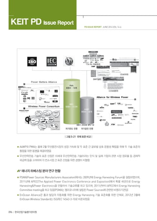 PD ISSUE REPORT JUNE 2014 VOL 14-6
KEIT PD Issue Report
096 한국산업기술평가관리원
| 그림 5-21 국제 표준 비교 |
A4WP와 PMA는 올해 2월 무선충전시장의 성장 가속화 및 두 표준 간 글로벌 상호 운용성 확립을 위해 두 기술 표준의
통합을 위한 동맹을 체결하였음
무선전력전송 기술의 표준 선점은 차세대 무선전력전송 기술이라는 인식 및 실제 기업의 관련 시장 점유율 등 경제적
파급력 등을 고려하여 각 컨소시엄 간 표준 선점을 위한 경쟁이 치열함
에너지 하베스팅 분야 연구 현황
PSMA(Power Sources Manufacturers Association)에서는 2009년에 Energy Harvesting Forum을 설립하였으며,
2011년에 APEC(The Applied Power Electronics Conference and Exposition)에서 특별 세션으로 Energy
HarvestingPower Electronics을 만들어서 기술교류를 하고 있으며, 2011년부터 APEC에서 Energy Harvesting
Committee meeting을 하고 있음(PSMA는 켈리포니아에 설립된 Power Sources에 관련된 비영리기관임)
EnOcean Alliance은 홈과 빌딩의 자동화를 위한 Energy Harvesting 기술 표준화를 위한 단체로, 2012년 3월에
EnOcean Wireless Standard는 ISO/IEC 14543-3-10로 비준되었음
 